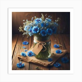 Blue Flowers In A Mason Jar Art Print