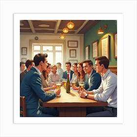 A Lively English Pub Quiz Night With Patrons And Trivia Questions, Watercolor Style 1 Art Print