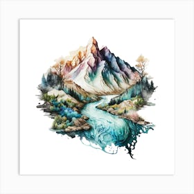 Watercolor Mountains And River 2 Art Print