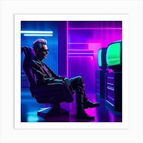 Cyberpunk Man Watching TV In The Future Art Print