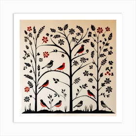 Indian Warli Painting, Bird On a Branch, folk art, 141 Art Print