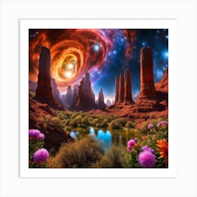 Space Landscape With Flowers Art Print