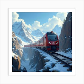 Train Navigating Through Sharp Turns On Futuristic Mountain Tracks 1 Art Print