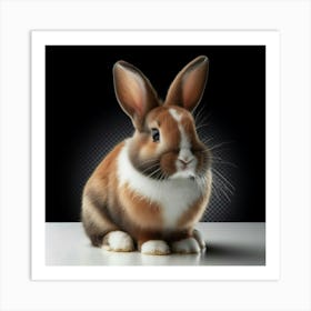 Cute Brown and White Rabbit Sits on a White Table with a Black Background Art Print