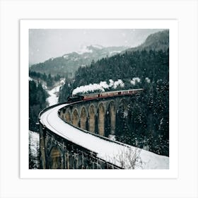 Steam Train Traversing A Snowy Viaduct Enveloped By A Wintery Landscape Styled As A Vintage Travel (1) Art Print