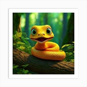 Firefly 3d, Animated, Surprised, Yellow, Baby Snake, Green Eyes, Knot, Tree Branch, Whimsical, Playf (3) Art Print