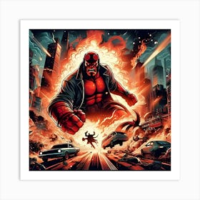 A Page For A Fantasy Comic Book Starring Hellboy Fighting An Epic Battle In A Fiery Apocalyptic Cityscape, Highlighting Explosions And Supernatural Elements Using Vivid Comic Styles And Visual Effects 3 Art Print