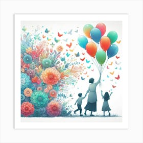 Mother And Children With Balloons Art Print