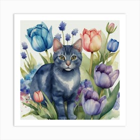 Blue Cat With Tulips Art Print