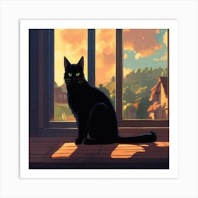 Black Cat In The Window Art Print