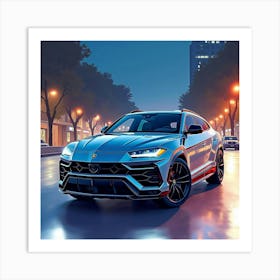 Lamborghini Urus With A Watercolor Urban Night Scene 1 Art Print