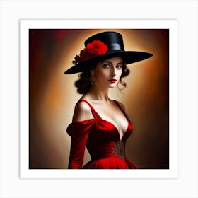 Woman In Red Dress With Black Hat Art Print