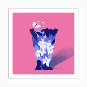 Blue And White Floral Vase On Pink Square Art Print