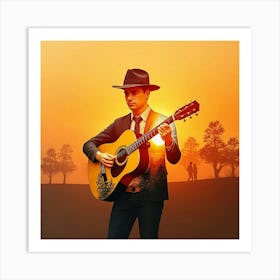 Sunset With Acoustic Guitar Art Print