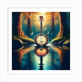 Firefly Banjo, Water, Enchanted, Forest, Kaleidoscope, Colors, Magical, Nature, Music, Instrument, F (25) Art Print