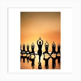 Silhouettes Of People Doing Yoga At Sunset Art Print