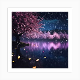 Pink Cherry Blossom Reflections on the Lake Art Print