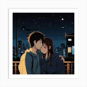 an anime young loving couple, lonely feeling, hope, vector, cartoon style, night 2 Art Print