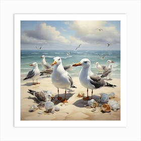 Seagulls On The Shore Square Art Print 2 Art Print