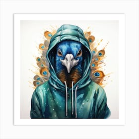 Watercolour Cartoon Peacock In A Hoodie 3 Art Print