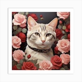 Beautiful Domestic Shorthair Cat with Roses Art Print