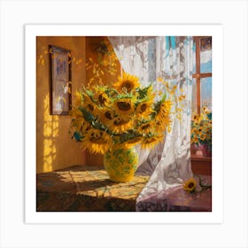 Sunlit Serenity Vibrant Sunflowers In A Golden Room (2) Art Print