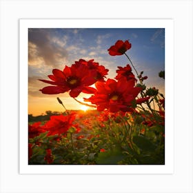 Sunset With Red Flowers Art Print