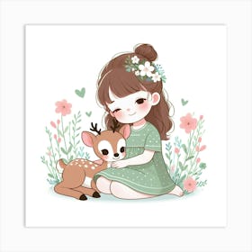 Cute Little Girl With A Deer Art Print