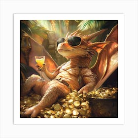 Cool Dragon Lounging on Gold Background 2 Art Print