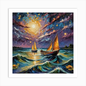 Sailboats At Night Art Print