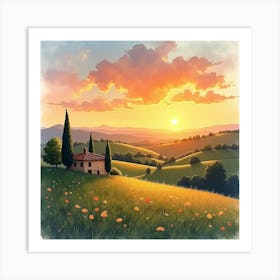 Romantic Watercolor Of An Italian Sunset Over The Rolling Hills Of Tuscany 1 Art Print