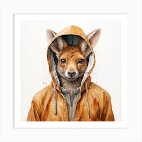 Watercolour Cartoon Kangaroo In A Hoodie 1 Art Print