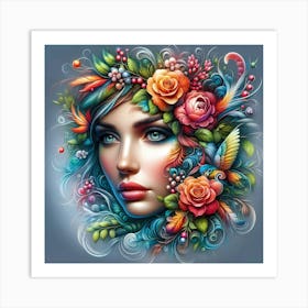 Portrait Of A Woman With Flowers 12 Art Print