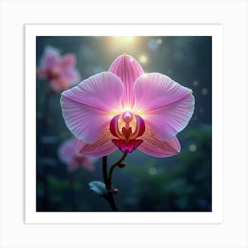 A Radiant Orchid With Petals Of Flowing, Celestial Light Blooming In A Surreal Garden Art Print