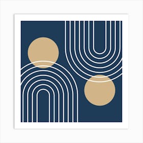 Mid Century Modern Geometric In Navy Blue And Tan (Rainbow And Sun Abstract) 02 Art Print