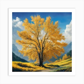 Golden Canopy Autumn Tree Against Blue Sky (4) Art Print