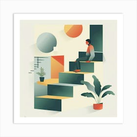 Man Sitting On Stairs Art Print