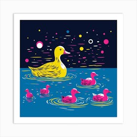 Duckling Under The Stars Linocut Style 3 Art Print
