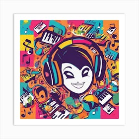 Girl With Headphones Art Print