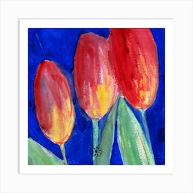 Tulips On Blue - flowers red blue green square Art Print