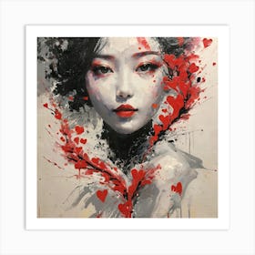 Asian Woman With Red Hearts Art Print