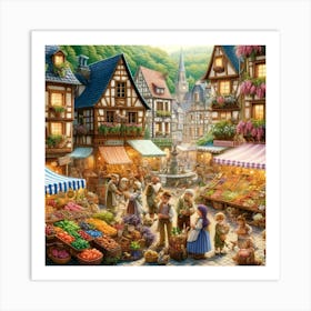 European Village Marketplace Wall Print Art A Lively Depiction Of A Quaint European Village Market, Perfect For Adding Charm And Vibrancy To Any Space Art Print