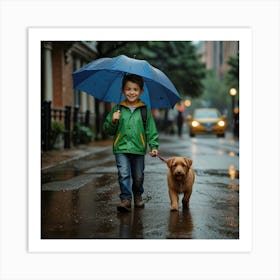 Leonardo Lightning Xl A Kid Walking His Dog In The Rainy Day H 2 Art Print