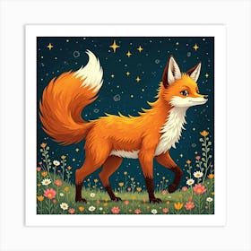 A Whimsical Fox With A Tail Of Swirling Star Patterns Prowling Through A Cosmic Meadow 1 Art Print