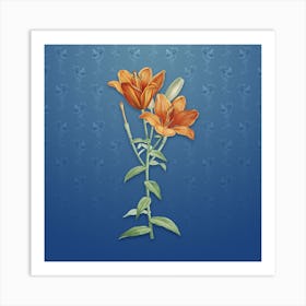 Vintage Orange Bulbous Lily Botanical on Bahama Blue Pattern n.0795 Art Print