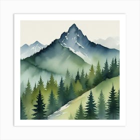 Mountain And Forest In Minimalist Watercolor Horizontal Composition Art Print Art Print