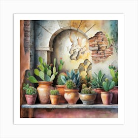 Watercolor painting of an old, weathered wall with cracked stone and peeling paint. The background features various sizes and shapes of terracotta pots on the shelf below. Each pot is filled with vibrant cacti or succulents, 6 Art Print