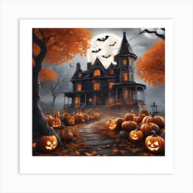 Halloween House With Pumpkins 2 Art Print