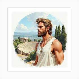 A Lovely Greek Man In Watercolor, Set Against The Stunning Backdrop Of A Historical Amphitheater 1 Art Print