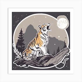Sticker Art Design, Tiger Howling To A Full Moon, Kawaii Illustration, White Background, Flat Colors 1 Art Print
